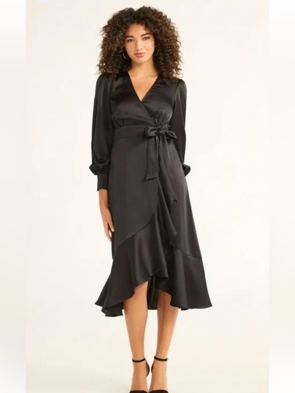 sofia by sofia vergara Black Satin High-Low Wrap Dress